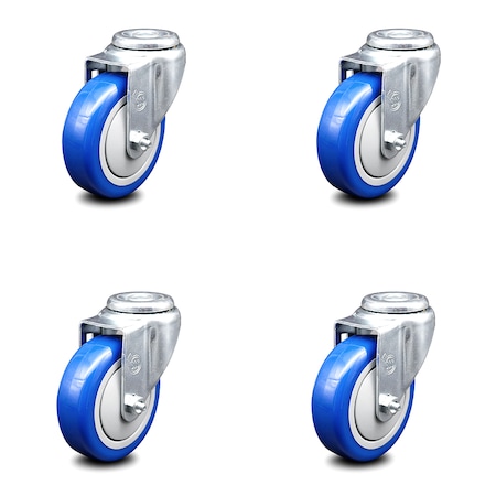 Service Caster 4 Inch Blue Polyurethane Wheel Swivel Bolt Hole Caster Set SCC-BH20S414-PPUB-BLUE-4